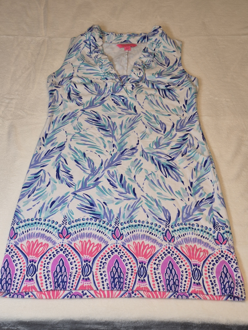 Lilly Pulitzer White Dress with Blue, Aqua & Purple Leaf Print and Pink Border